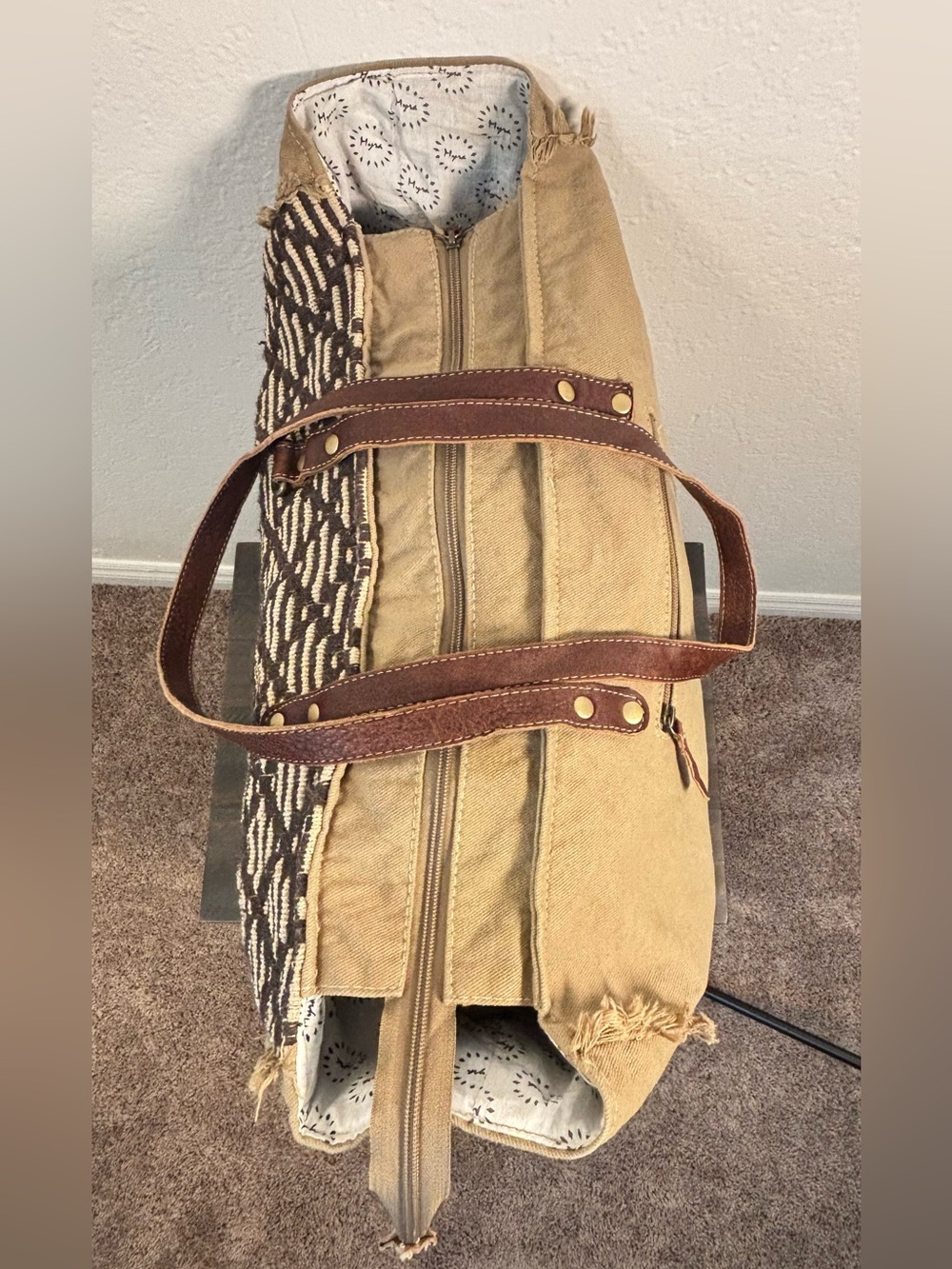 Myra Bag Large Brown Patterned Tote Bag Leather Handles Cowboy Western Travel - Picture 7 of 14